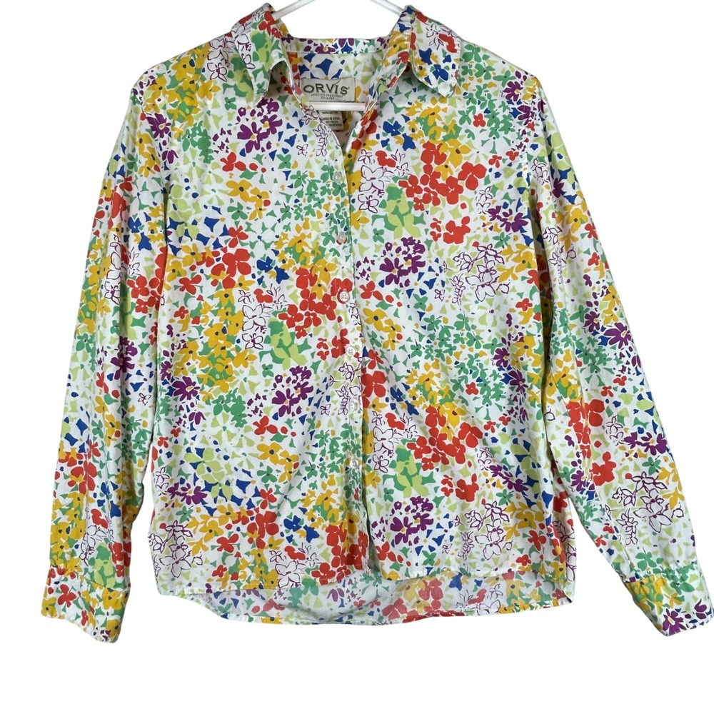 Orvis Womens Floral Cotton Button Down Shirt Multicolor Long Sleeve Size 12